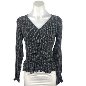 H&M Black White Polka Dot Ruffle V Neck Long Sleeve Peplum Blouse Top Size 4